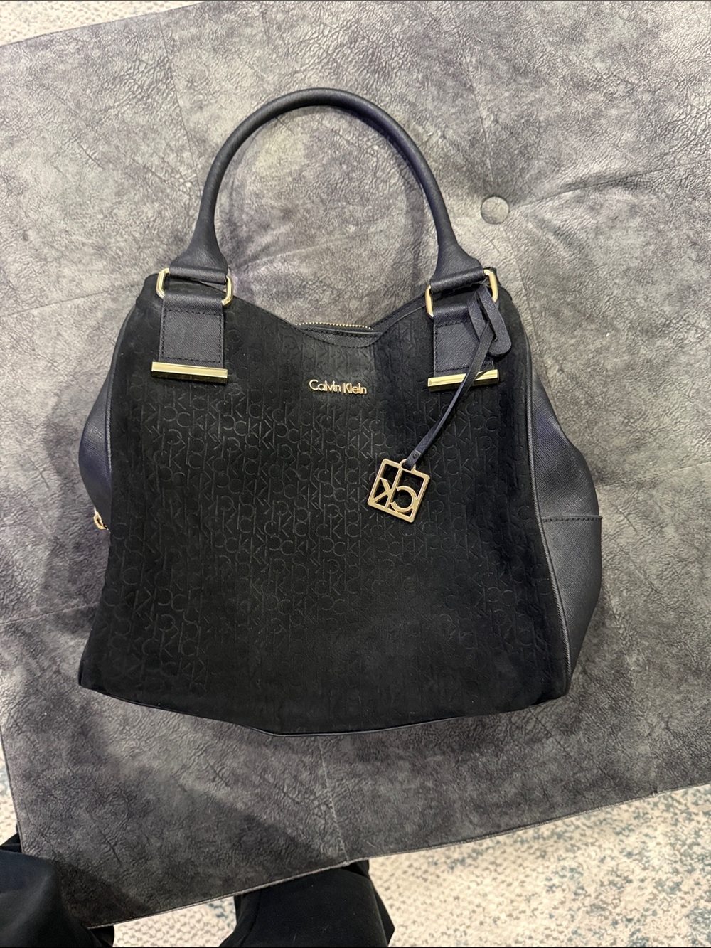 Calvin Klein Black Suede & Leather Shoulder Bag with Gold Hardware